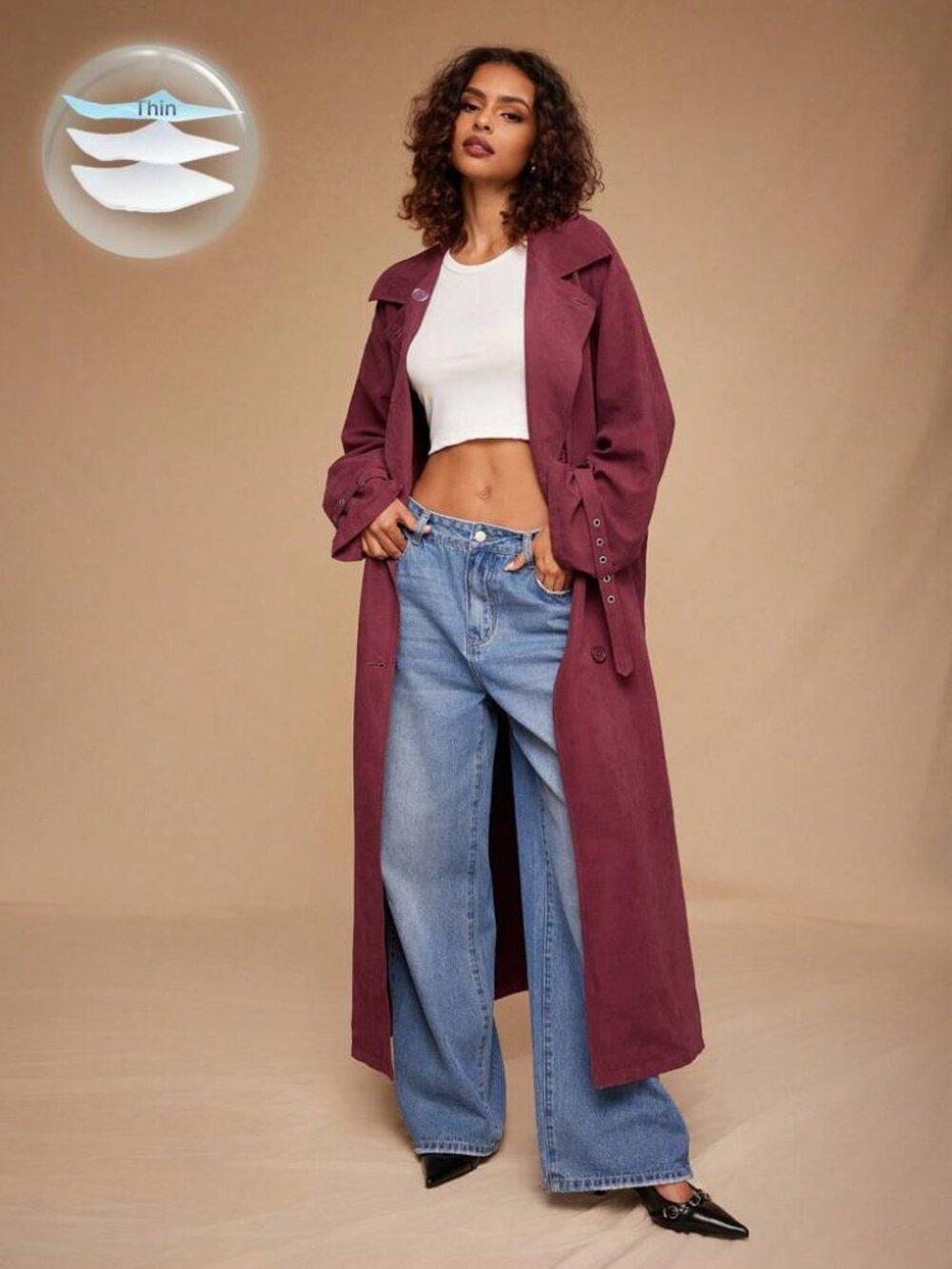 Forever 21 Maroon Double-Breasted Belted Trench Coat M